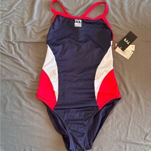 TYR Navy and Pink Swimsuit with White Accents